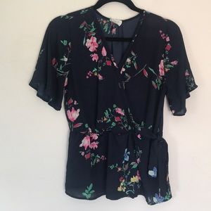 Navy blue floral flowy blouse - side tie